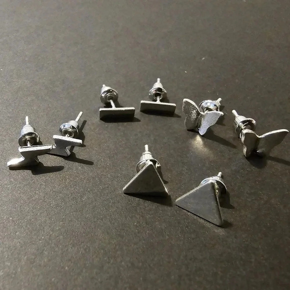 Silver Bar & Lightning Bolt & Triangle & Butterfly Stud Earrings - Picture 2 of 8